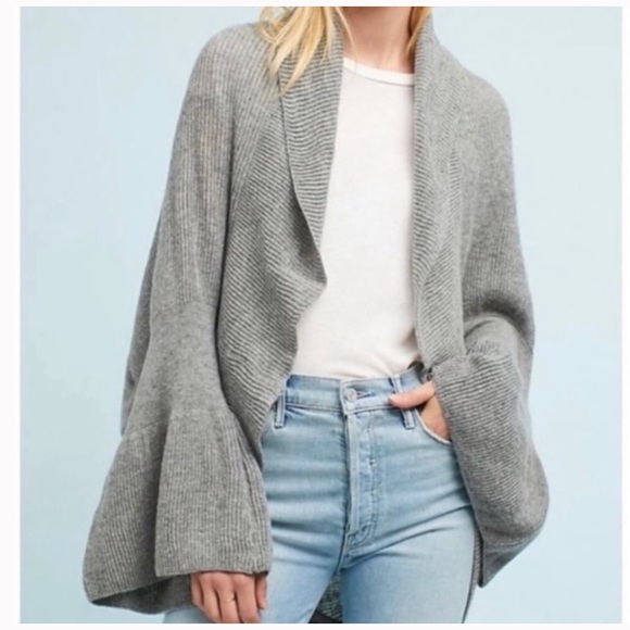 Sleeping on Snow Anthropologie Gray Open Ruffle Front Cardigan Wrap Sweater  OS - Picture 2 of 9
